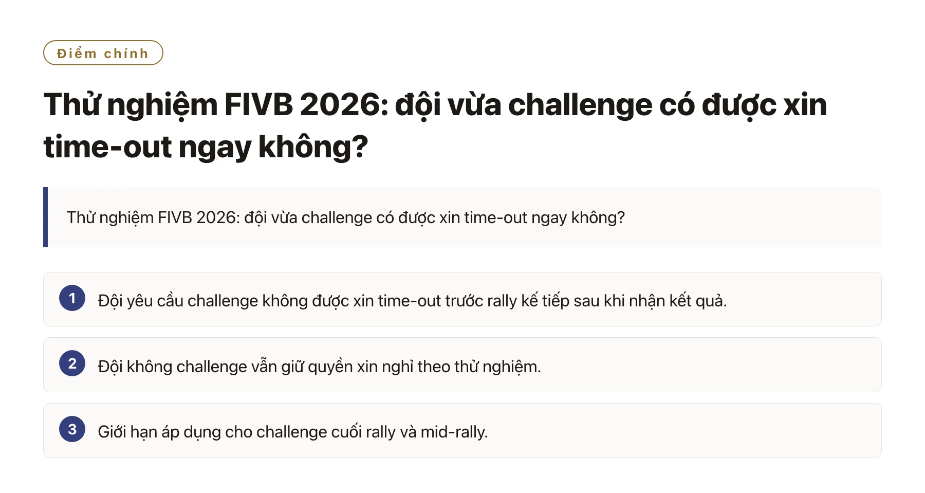 Thử nghiệm FIVB 2026: đội vừa challenge có được xin time-out ngay không?——全文要点速览